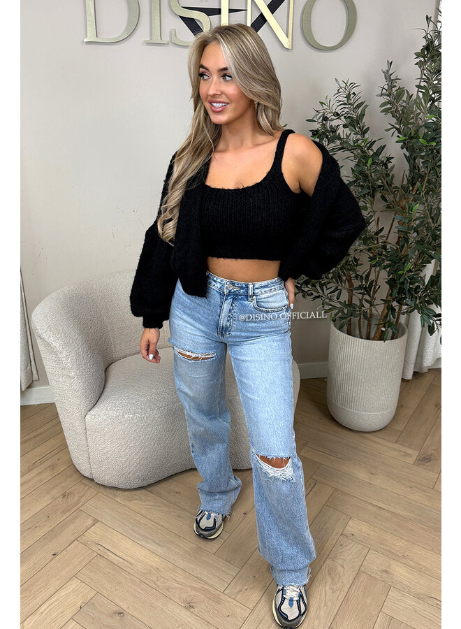 BLACK - 'LIMA SET' - COZY KNITTED TOP + BALLOON VEST