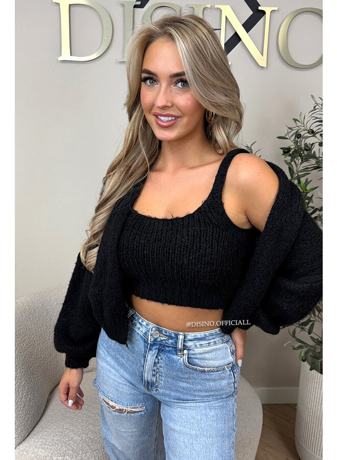 BLACK - 'LIMA SET' - COZY KNITTED TOP + BALLOON VEST