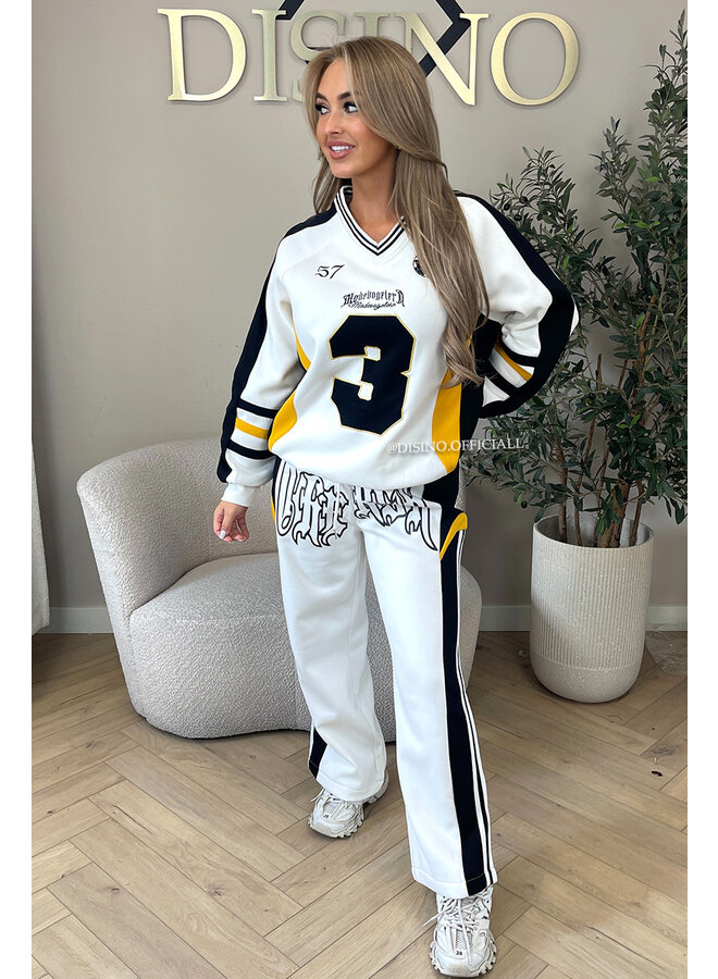 WHITE - 'VARSITY POWER SET' - PREMIUM QUALITY SWEATER + JOGGER SET