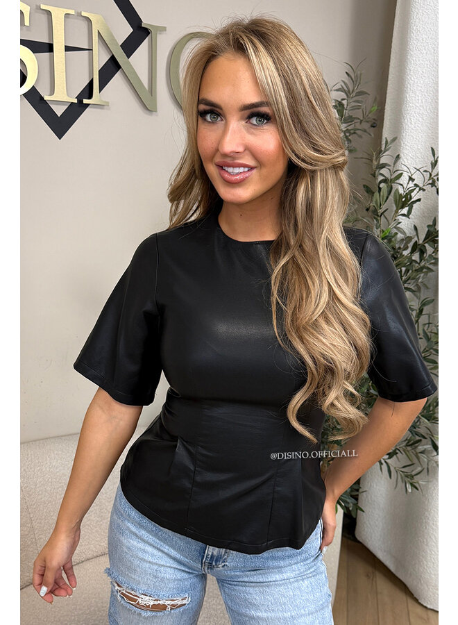 BLACK - 'KAIA TOP' - FAUX LEATHER PEPLUM TOP