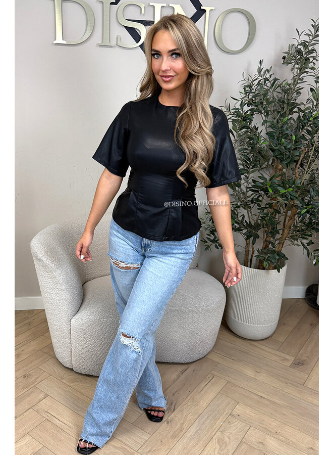 BLACK - 'KAIA TOP' - FAUX LEATHER PEPLUM TOP