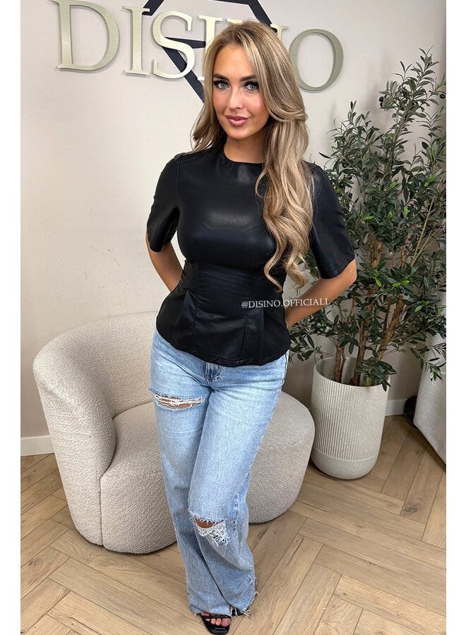 BLACK - 'KAIA TOP' - FAUX LEATHER PEPLUM TOP