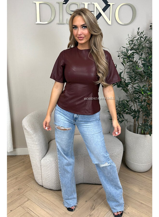 BORDEAUX - 'KAIA TOP' - FAUX LEATHER PEPLUM TOP