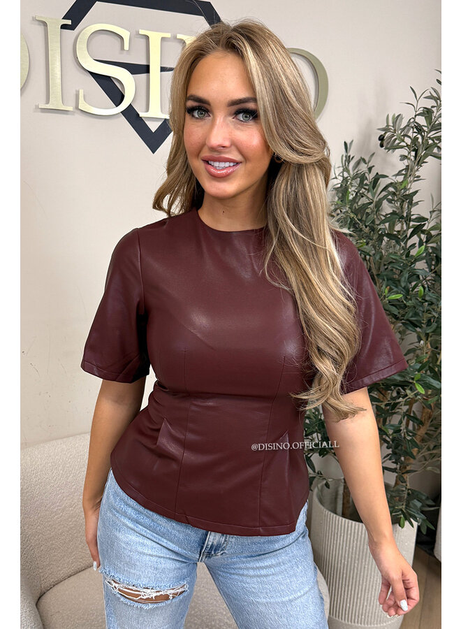 BORDEAUX - 'KAIA TOP' - FAUX LEATHER PEPLUM TOP