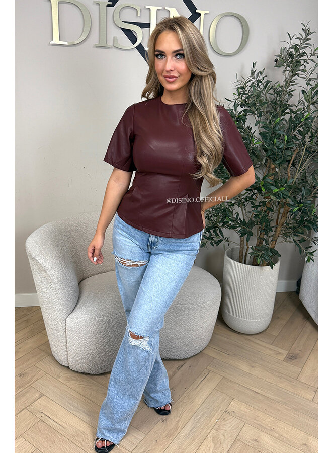 BORDEAUX - 'KAIA TOP' - FAUX LEATHER PEPLUM TOP