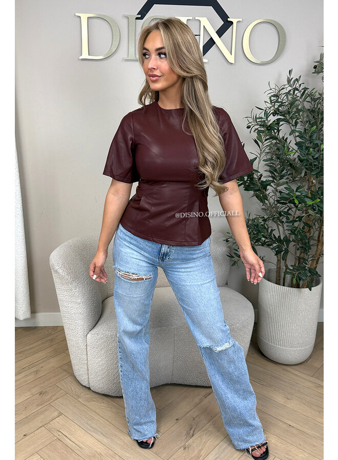 BORDEAUX - 'KAIA TOP' - FAUX LEATHER PEPLUM TOP