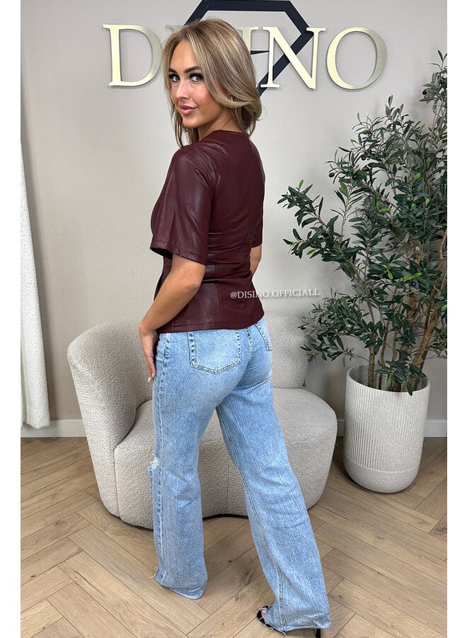 BORDEAUX - 'KAIA TOP' - FAUX LEATHER PEPLUM TOP