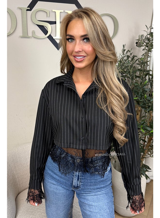 BLACK - 'JILOU BLOUSE' - CROPPED LACE STRIPED BLOUSE