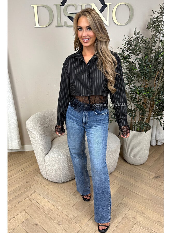 BLACK - 'JILOU BLOUSE' - CROPPED LACE STRIPED BLOUSE