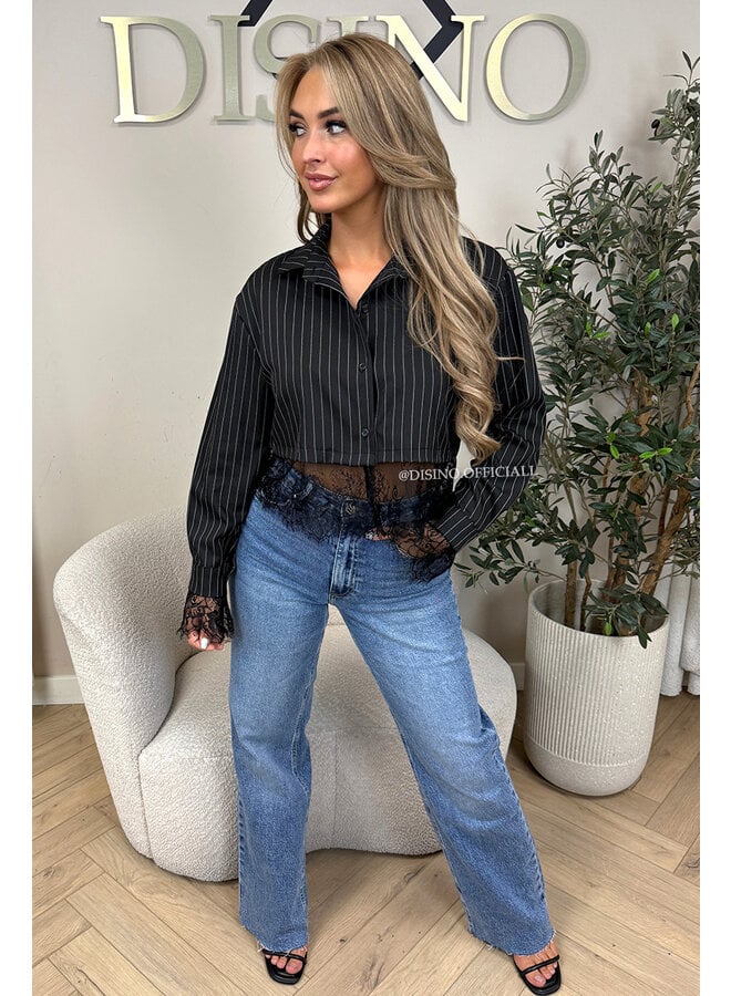 BLACK - 'JILOU BLOUSE' - CROPPED LACE STRIPED BLOUSE
