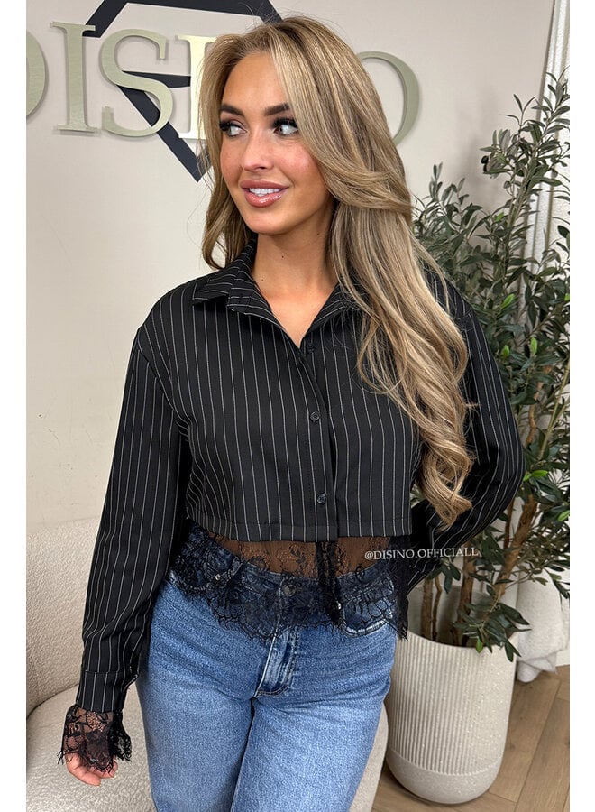 BLACK - 'JILOU BLOUSE' - CROPPED LACE STRIPED BLOUSE