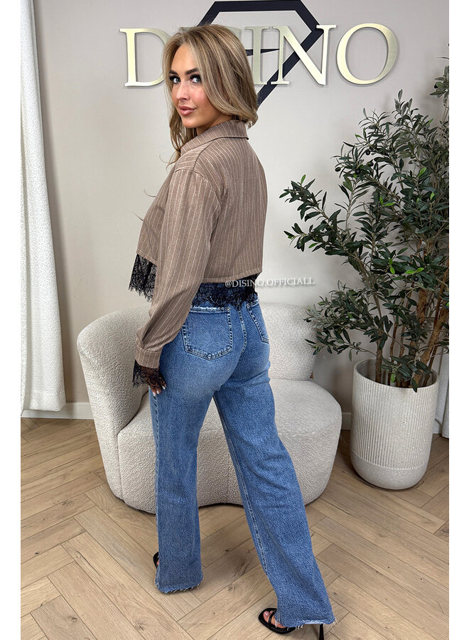 BEIGE - 'JILOU BLOUSE' - CROPPED LACE STRIPED BLOUSE