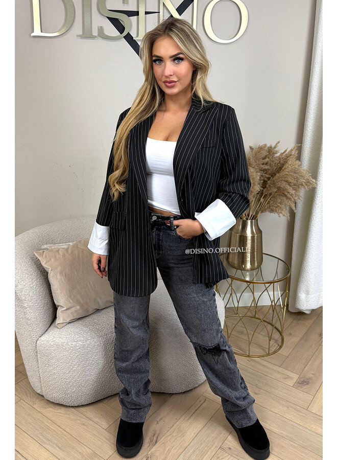 BLACK - 'ROSIE STRIPED BLAZER' - TURN-UP SLEEVE OVERSIZED BOYFRIEND BLAZER