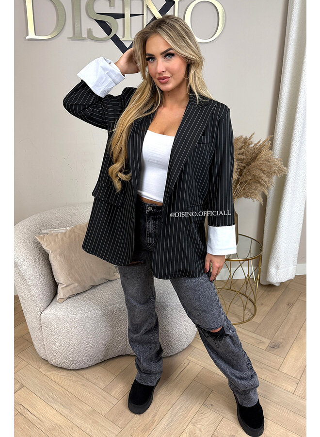 BLACK - 'ROSIE STRIPED BLAZER' - TURN-UP SLEEVE OVERSIZED BOYFRIEND BLAZER