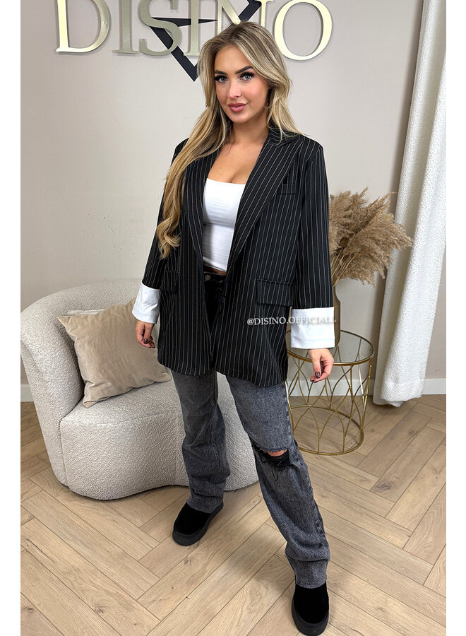 BLACK - 'ROSIE STRIPED BLAZER' - TURN-UP SLEEVE OVERSIZED BOYFRIEND BLAZER
