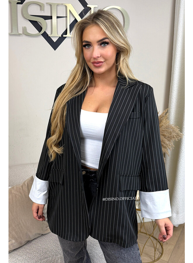 BLACK - 'ROSIE STRIPED BLAZER' - TURN-UP SLEEVE OVERSIZED BOYFRIEND BLAZER