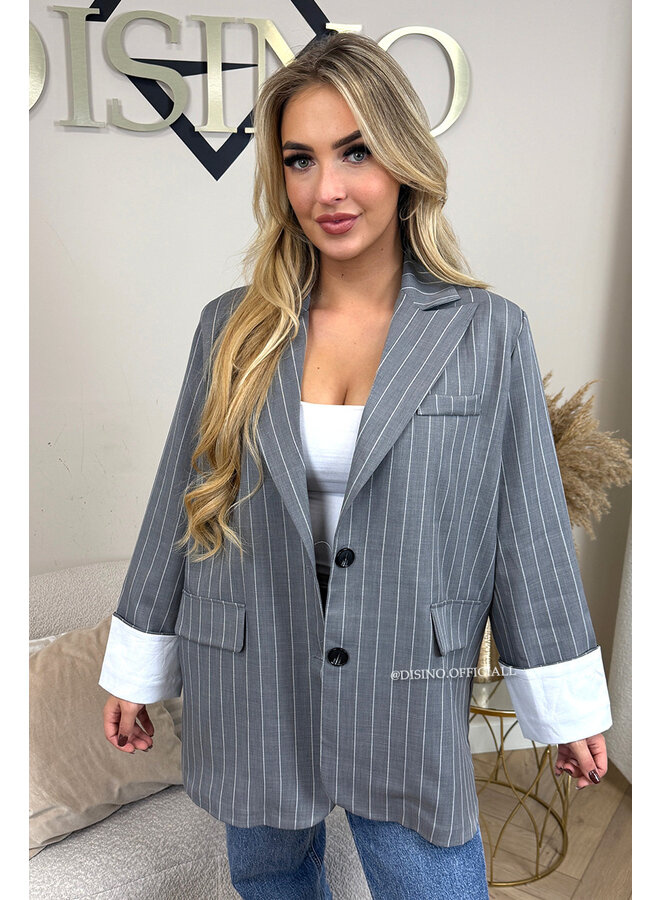 GREY - 'ROSIE STRIPED BLAZER' - TURN-UP SLEEVE OVERSIZED BOYFRIEND BLAZER