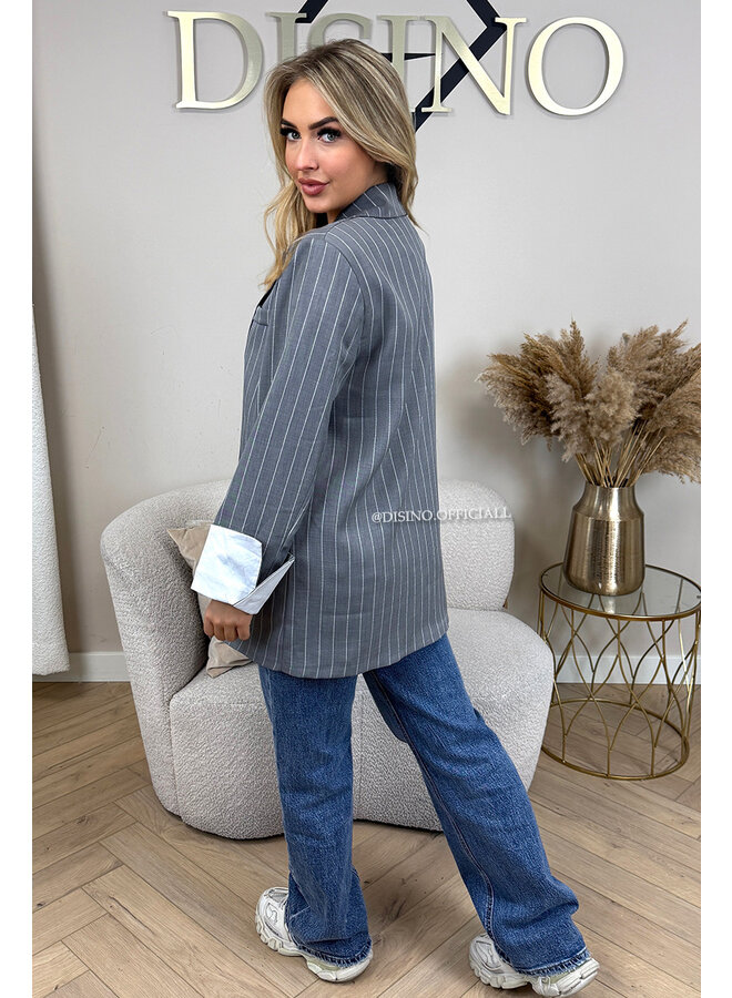 GREY - 'ROSIE STRIPED BLAZER' - TURN-UP SLEEVE OVERSIZED BOYFRIEND BLAZER
