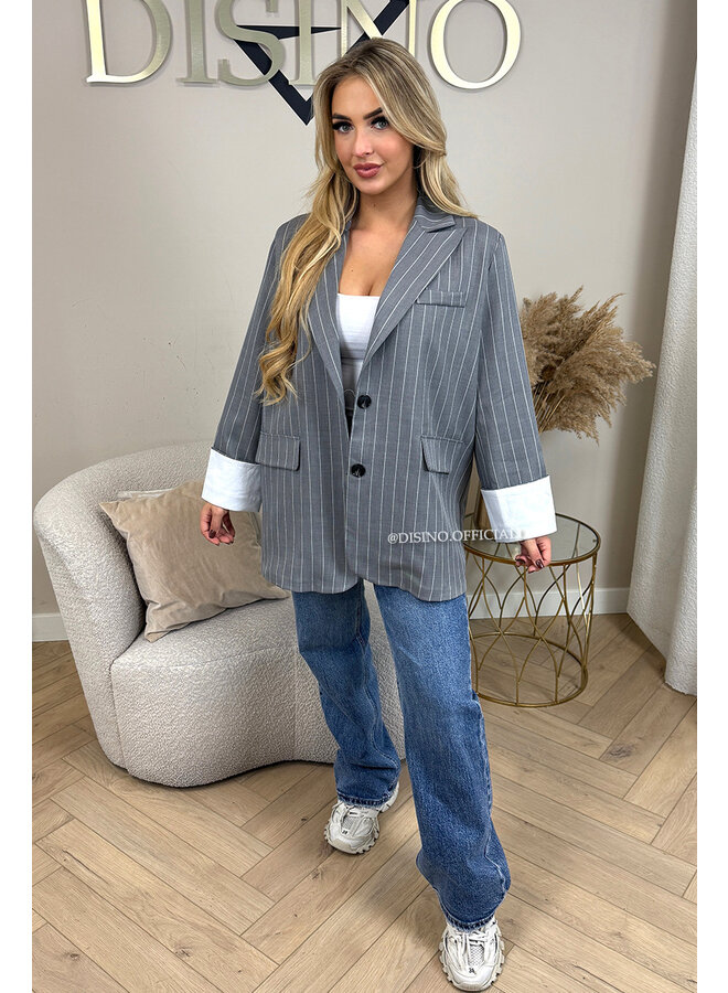 GREY - 'ROSIE STRIPED BLAZER' - TURN-UP SLEEVE OVERSIZED BOYFRIEND BLAZER