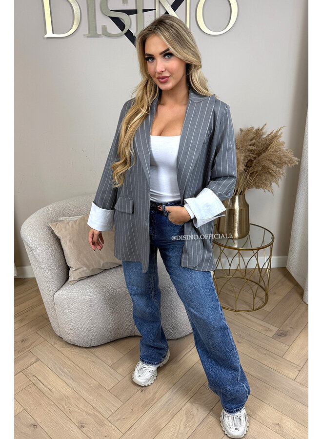 GREY - 'ROSIE STRIPED BLAZER' - TURN-UP SLEEVE OVERSIZED BOYFRIEND BLAZER