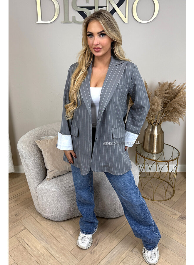 GREY - 'ROSIE STRIPED BLAZER' - TURN-UP SLEEVE OVERSIZED BOYFRIEND BLAZER
