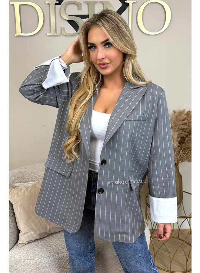 GREY - 'ROSIE STRIPED BLAZER' - TURN-UP SLEEVE OVERSIZED BOYFRIEND BLAZER