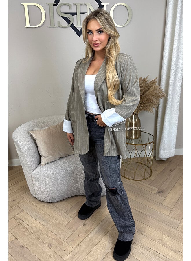 BEIGE - 'ROSIE STRIPED BLAZER' - TURN-UP SLEEVE OVERSIZED BOYFRIEND BLAZER