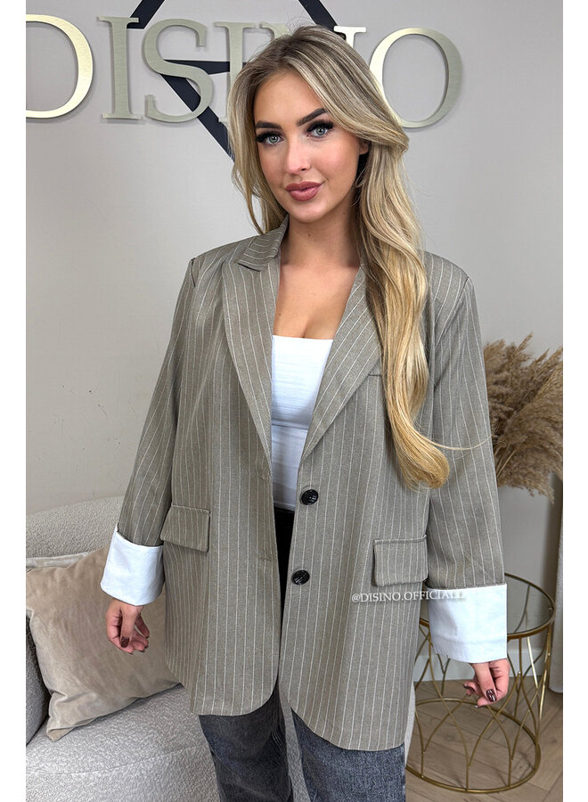 BEIGE - 'ROSIE STRIPED BLAZER' - TURN-UP SLEEVE OVERSIZED BOYFRIEND BLAZER