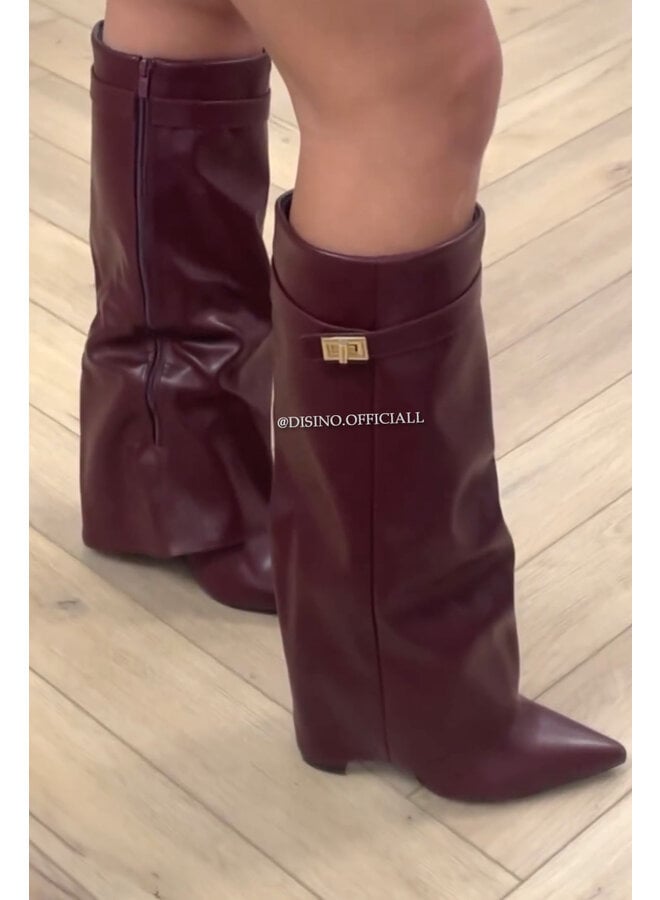 BURGUNDY - 'LEATHER SHARK BOOTS' - PREMIUM QUALITY PERFECT HIGH HEELS