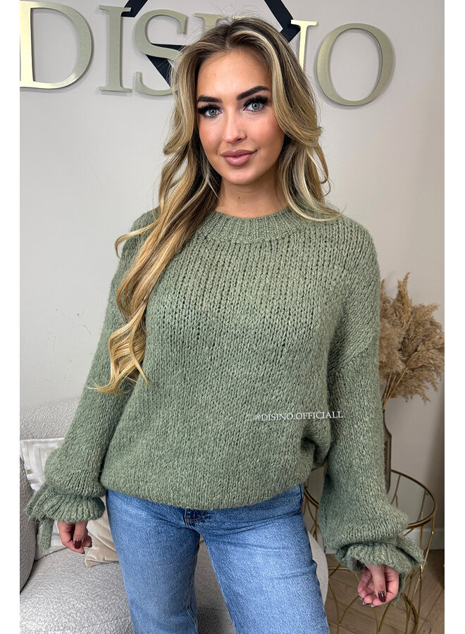 OLIVE GREEN - 'FAYE RUFFLE KNIT' - OVERSIZED PREMIUM QUALITY BELL SLEEVE KNIT
