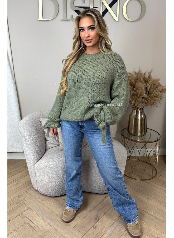 OLIVE GREEN - 'FAYE RUFFLE KNIT' - OVERSIZED PREMIUM QUALITY BELL SLEEVE KNIT