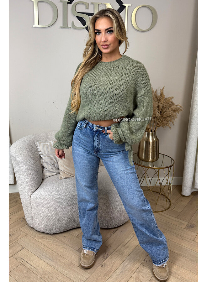 OLIVE GREEN - 'FAYE RUFFLE KNIT' - OVERSIZED PREMIUM QUALITY BELL SLEEVE KNIT