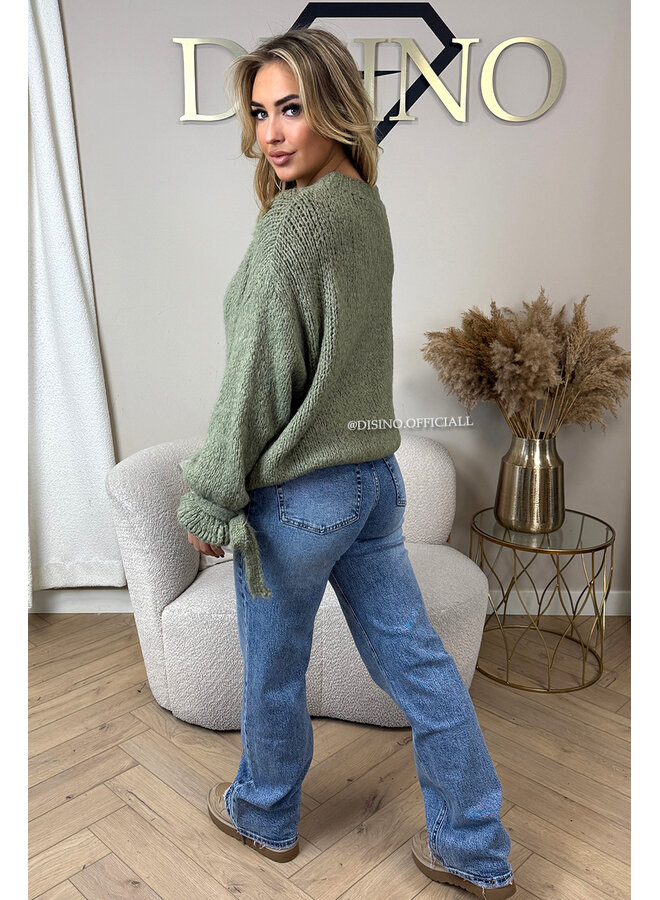 OLIVE GREEN - 'FAYE RUFFLE KNIT' - OVERSIZED PREMIUM QUALITY BELL SLEEVE KNIT