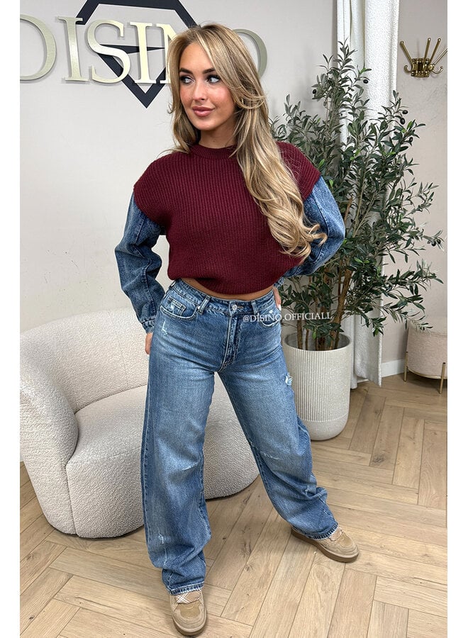 BORDEAUX - 'KHELANI KNIT' - DENIM SLEEVE OVERSIZED KNIT SWEATER