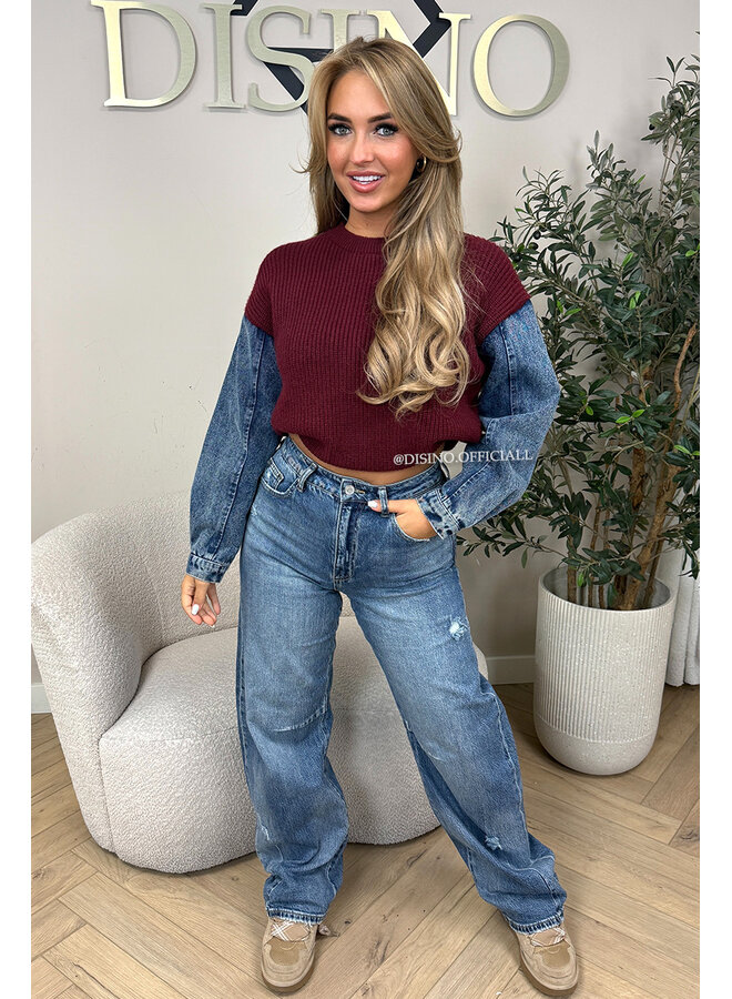 BORDEAUX - 'KHELANI KNIT' - DENIM SLEEVE OVERSIZED KNIT SWEATER