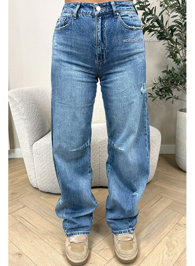 DARK BLUE - 'SEATTLE' - STRETCH DAMAGED BALLOON LEG JEANS