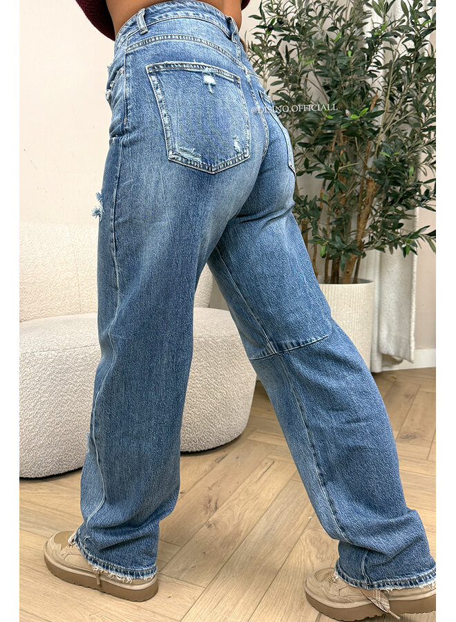 DARK BLUE - 'SEATTLE' - STRETCH DAMAGED BALLOON LEG JEANS