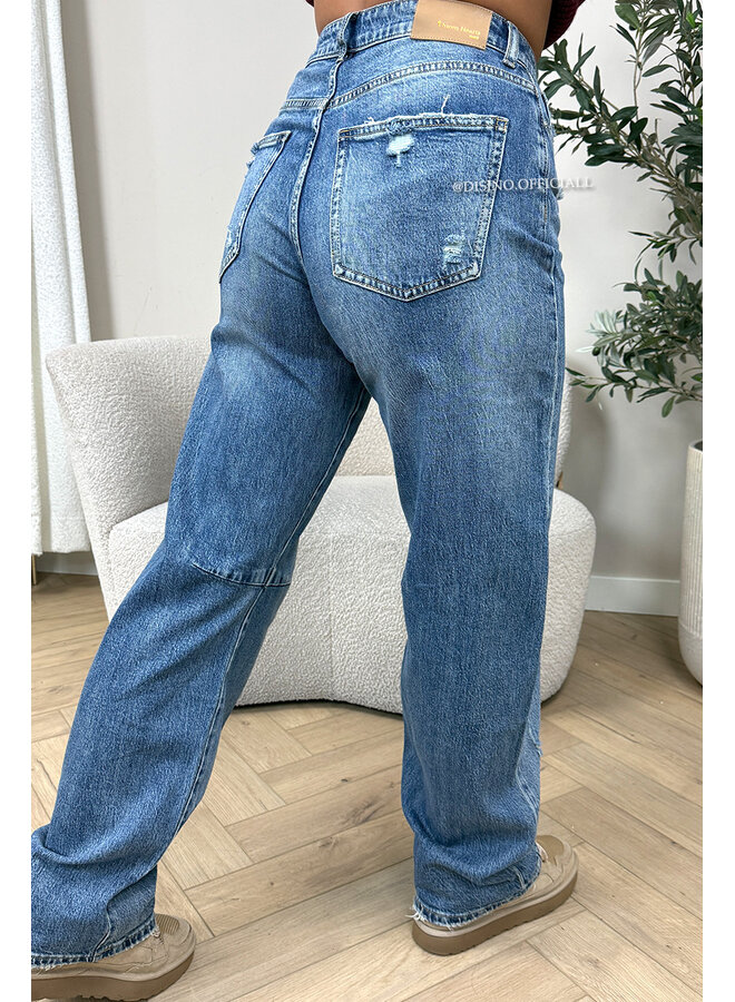DARK BLUE - 'SEATTLE' - STRETCH DAMAGED BALLOON LEG JEANS