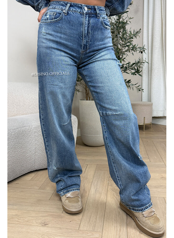 DARK BLUE - 'SEATTLE' - STRETCH DAMAGED BALLOON LEG JEANS