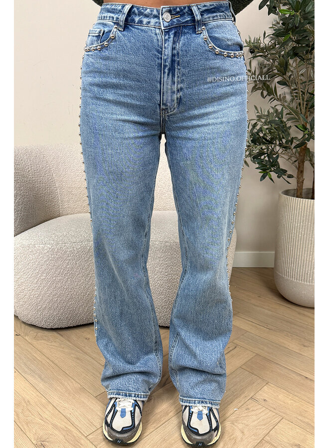 BLUE - 'STUDS JEANS' - STUDS STRETCH HIGH WAIST WIDE LEG JEANS