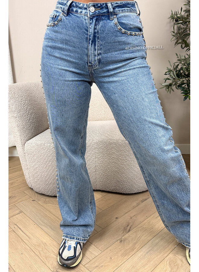 BLUE - 'STUDS JEANS' - STUDS STRETCH HIGH WAIST WIDE LEG JEANS