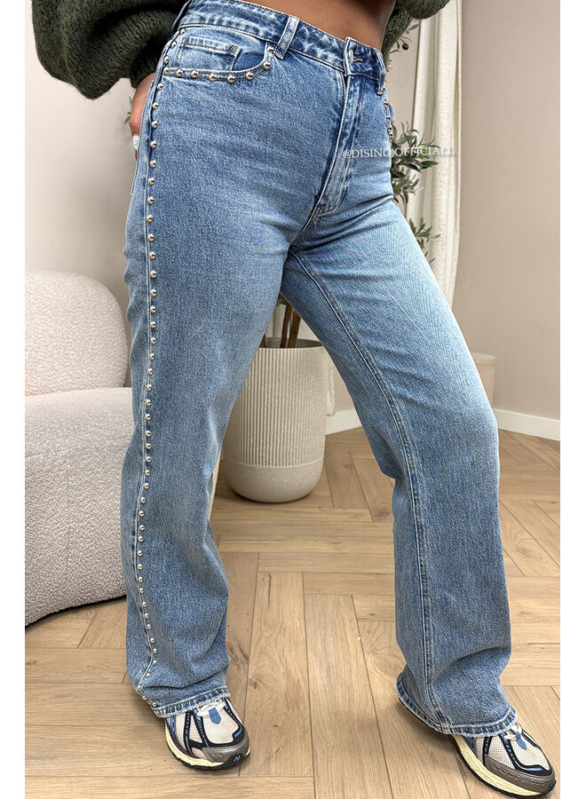BLUE - 'STUDS JEANS' - STUDS STRETCH HIGH WAIST WIDE LEG JEANS