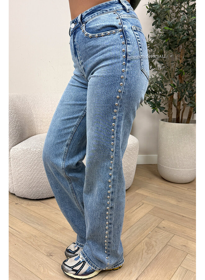 BLUE - 'STUDS JEANS' - STUDS STRETCH HIGH WAIST WIDE LEG JEANS
