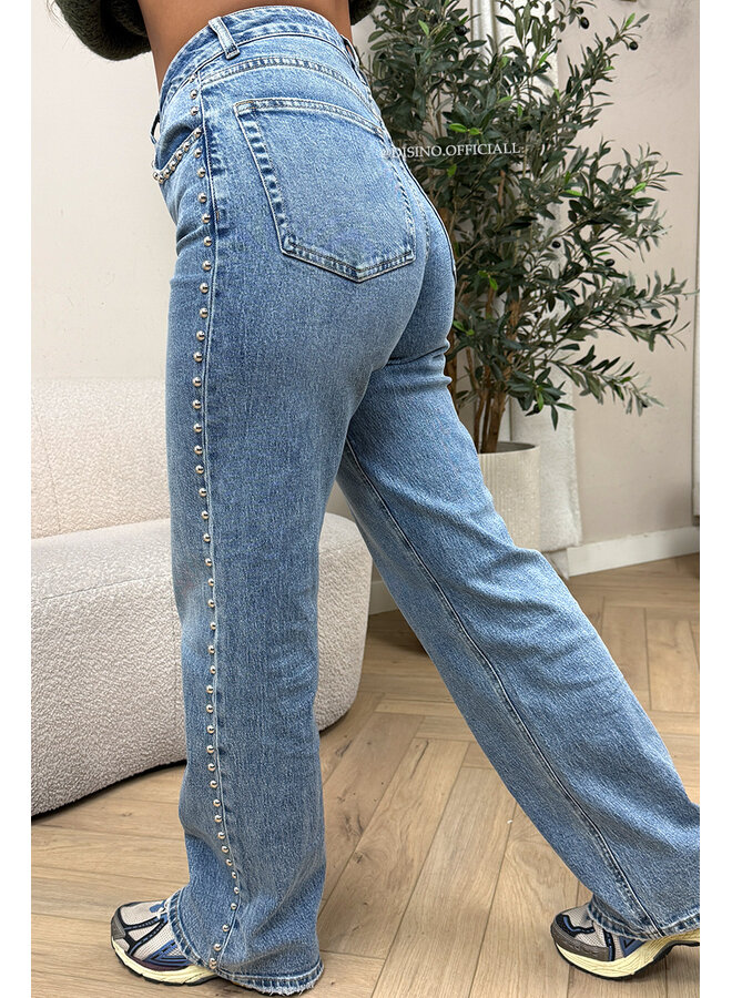BLUE - 'STUDS JEANS' - STUDS STRETCH HIGH WAIST WIDE LEG JEANS