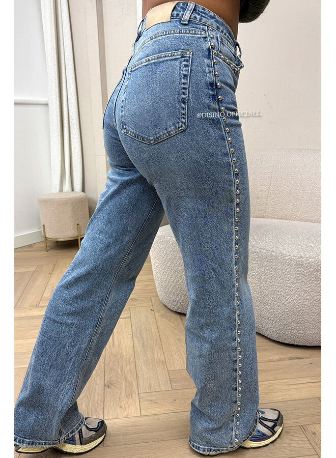 BLUE - 'STUDS JEANS' - STUDS STRETCH HIGH WAIST WIDE LEG JEANS
