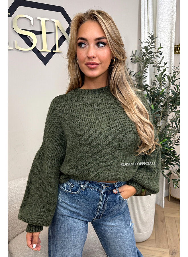 ARMY GREEN - 'SOPHIA BALLOON SLEEVE' - OVERSIZED PREMIUM QUALITY BELL SLEEVE KNIT