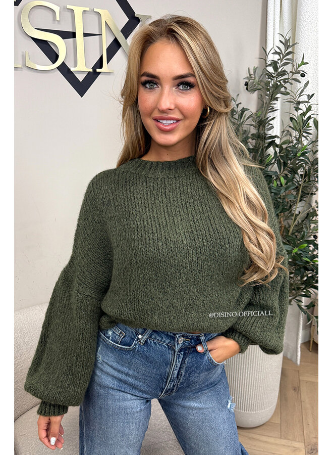 ARMY GREEN - 'SOPHIA BALLOON SLEEVE' - OVERSIZED PREMIUM QUALITY BELL SLEEVE KNIT