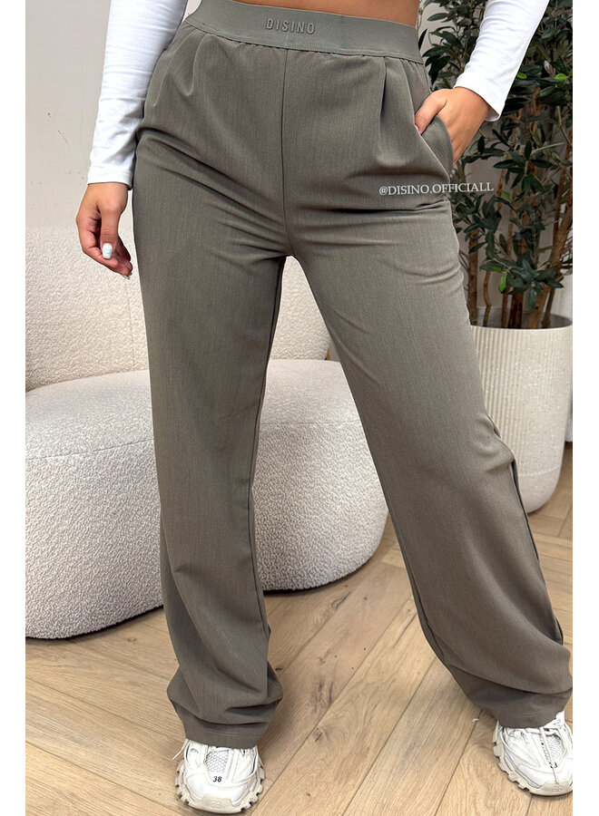 KHAKI GREEN - 'DISINO LOUNGE PANTS' - HIGH WAIST LOGOBAND PANTALON