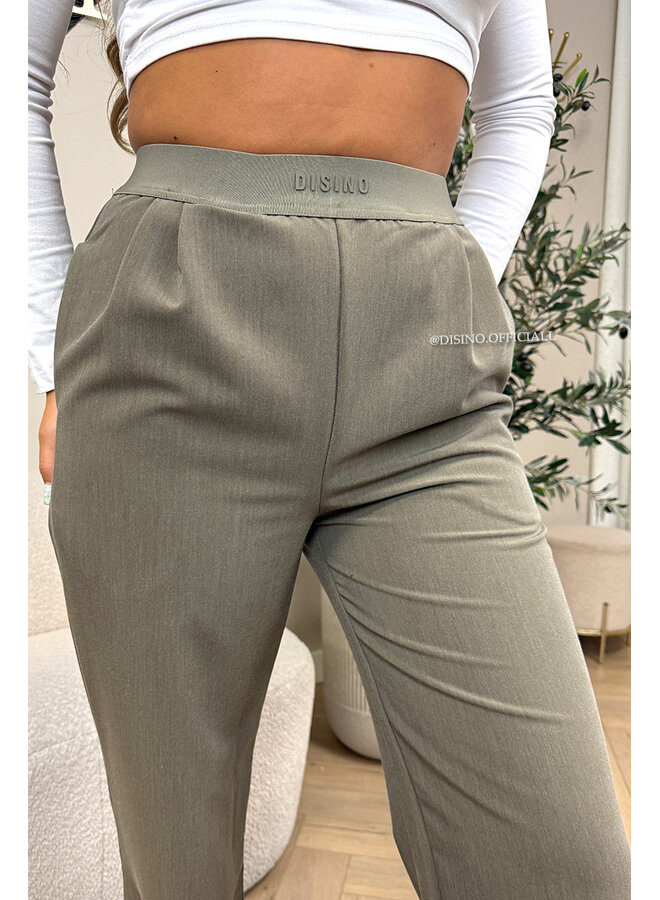 KHAKI GREEN - 'DISINO LOUNGE PANTS' - HIGH WAIST LOGOBAND PANTALON