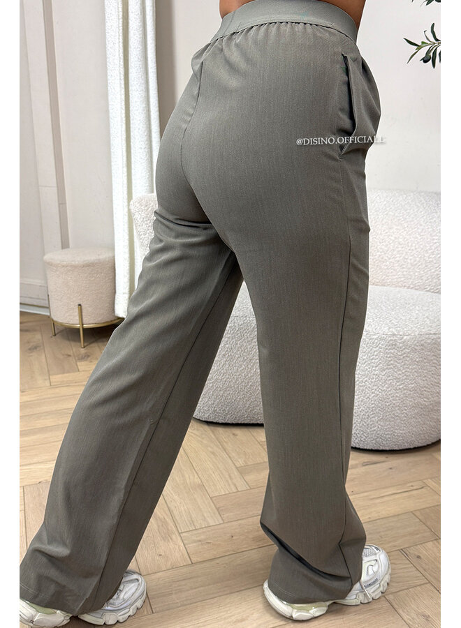 KHAKI GREEN - 'DISINO LOUNGE PANTS' - HIGH WAIST LOGOBAND PANTALON